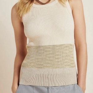 Anthropologie Joe Ribbed Sweater Tank Top, Striped, Cream & Green, Neutral Sz Sm
